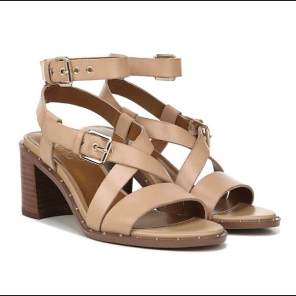 Franco Sarto Halina Leather Studded Block Heel Strappy Buckle Sandals - Picture 1 of 7
